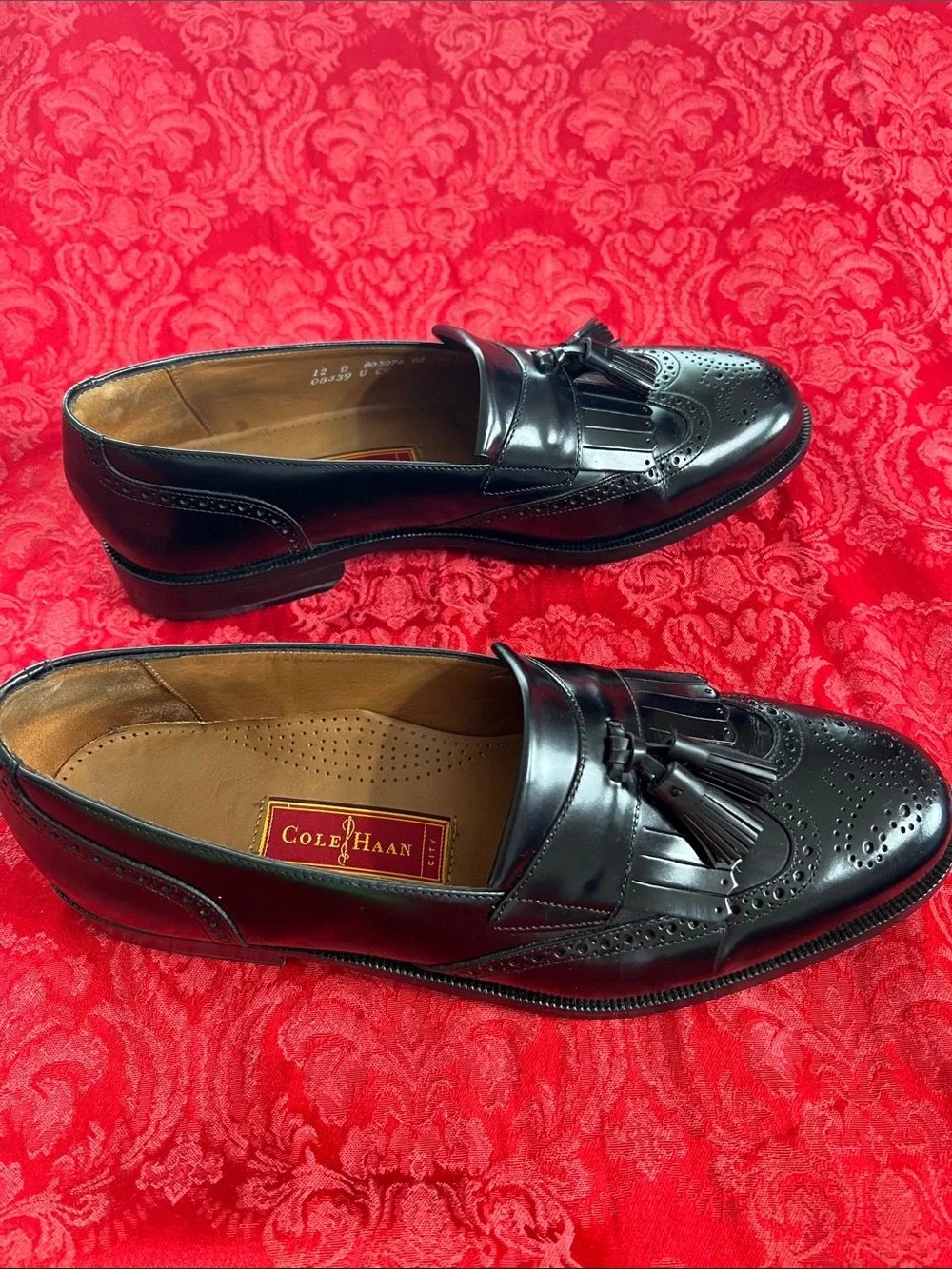 Cole Haan Black Leather Tassel Kiltie Loafers Men's 12D Wingtip Slip-On Dress Sh